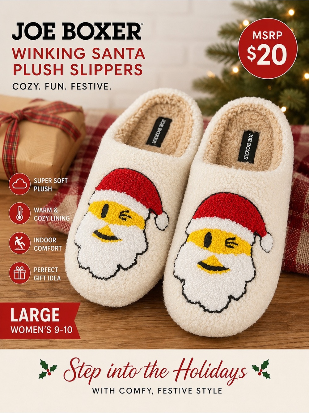 Joe Boxer Cream Winking Santa Plush Slippers